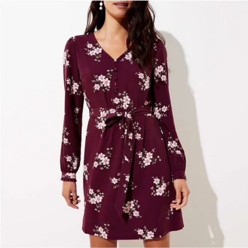 LOFT Floral Button Tie Waist Dress, size 0 in plum reserve
